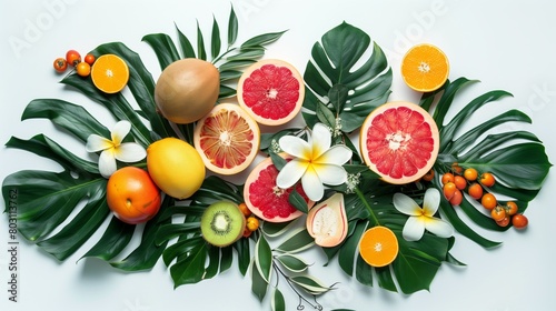 Vibrant flat lay of various fresh citrus fruits and tropical leaves on a white background.