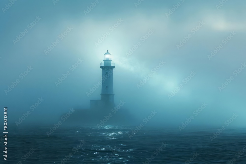 A lighthouse shining through the fog, guiding ships to safety, as a metaphor for guidance and clarity after depression