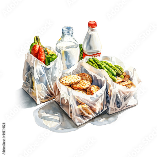 白背景にスーパーの買い物袋に入ったいろいろな食料品の水彩イラスト photo