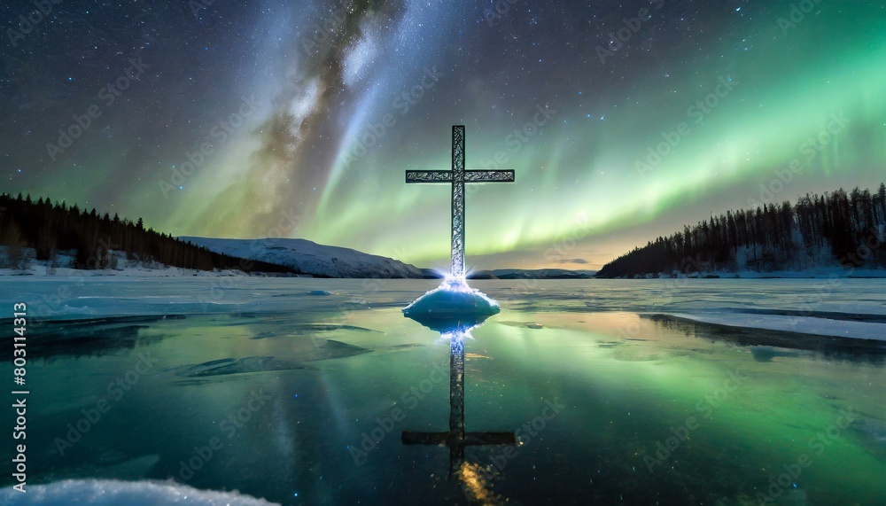 Naklejka premium A Crystal Cross Suspended Above The Icy Waters of a Frozen Lake