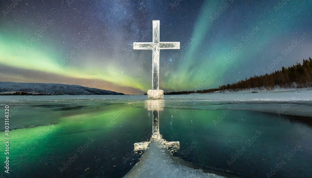 Naklejka premium A Crystal Cross Suspended Above The Icy Waters of a Frozen Lake