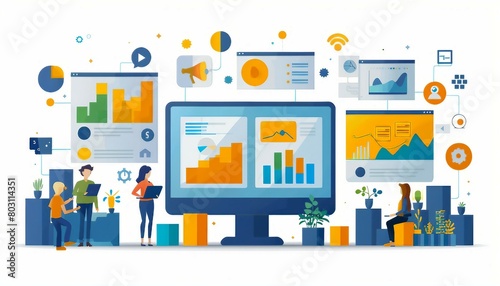 Digital Marketing Strategy, scene illustrating the development of a digital marketing strategy. Show cartoon characters conducting market research, planning campaigns, © mh.desing