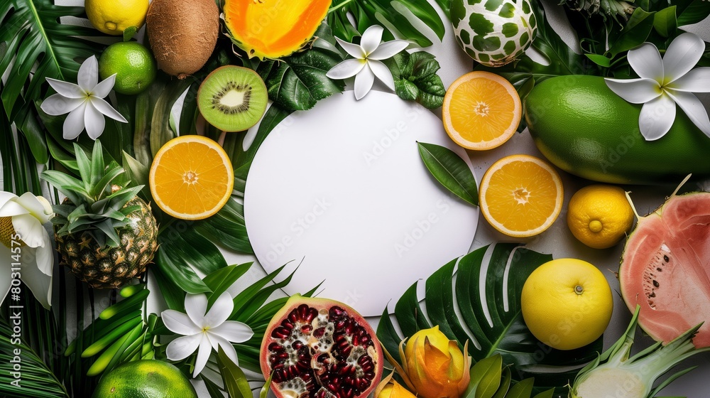 Vibrant tropical fruits and flowers arranged around a blank white circle on a green leafy background. Vibrant tropical fruits and flowers arranged around a blank white circle on a green leafy background.