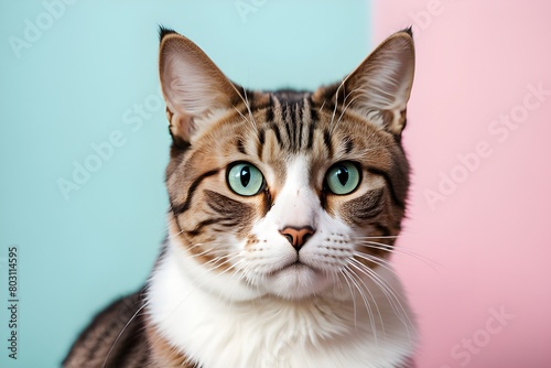 A close-up portrait of a tabby cat with clear eyes and distinctive facial markings, set against a pastel pink and blue background. Ideal for pet themes. generative ai