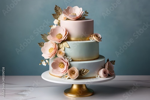 A three-tiered wedding cake, icing in shades of cream and blue, pastel-colored sugarcraft flowers and golden accents. on a golden base against a soft pink backdrop. generative ai photo