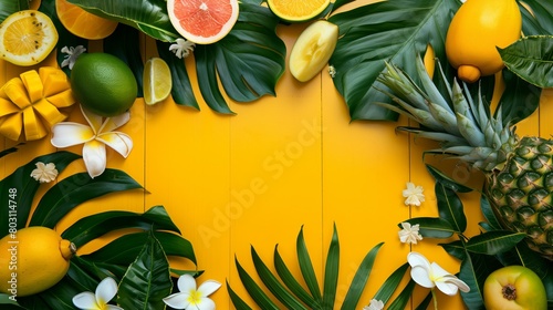 Vibrant tropical fruit display with plumeria flowers and green leaves against a yellow background.