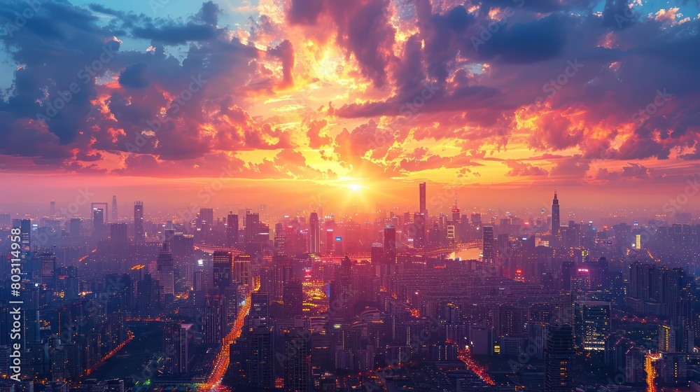 Fototapeta premium The city skyline comes alive at dusk. Showcasing the glow of a bustling city Suitable for bright and lively background themes.