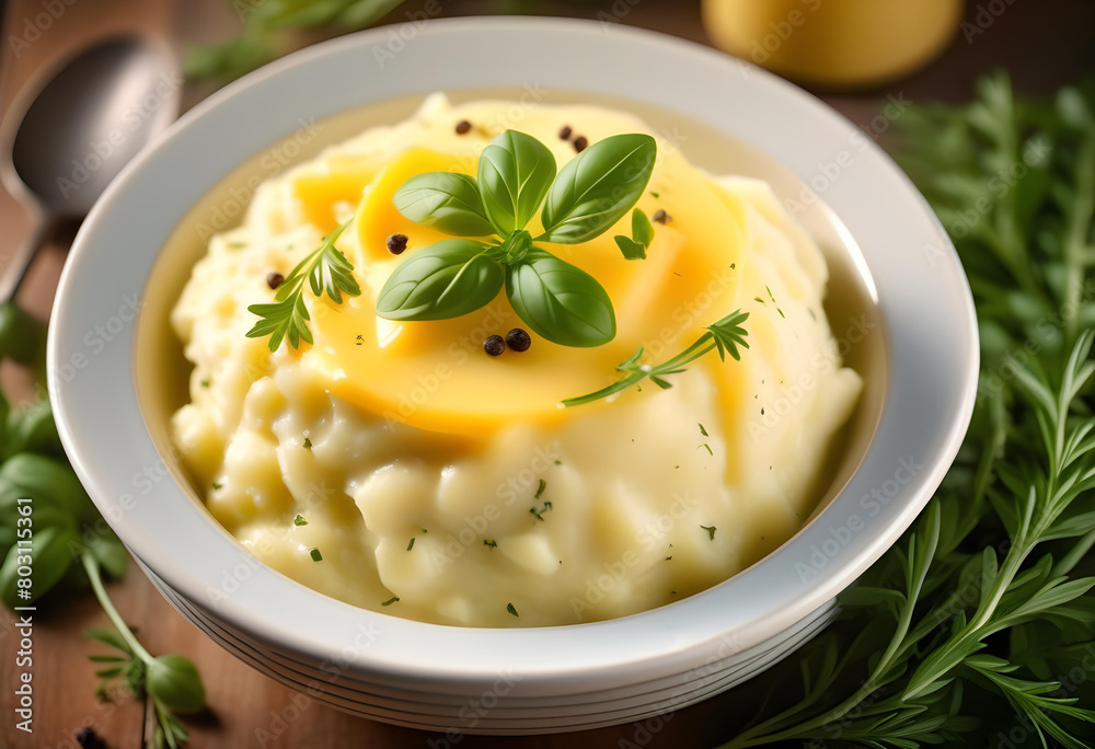 A mashed potatoes served in a white plate with parsley on it A mashed potatoes served in a white plate with parsley on it
