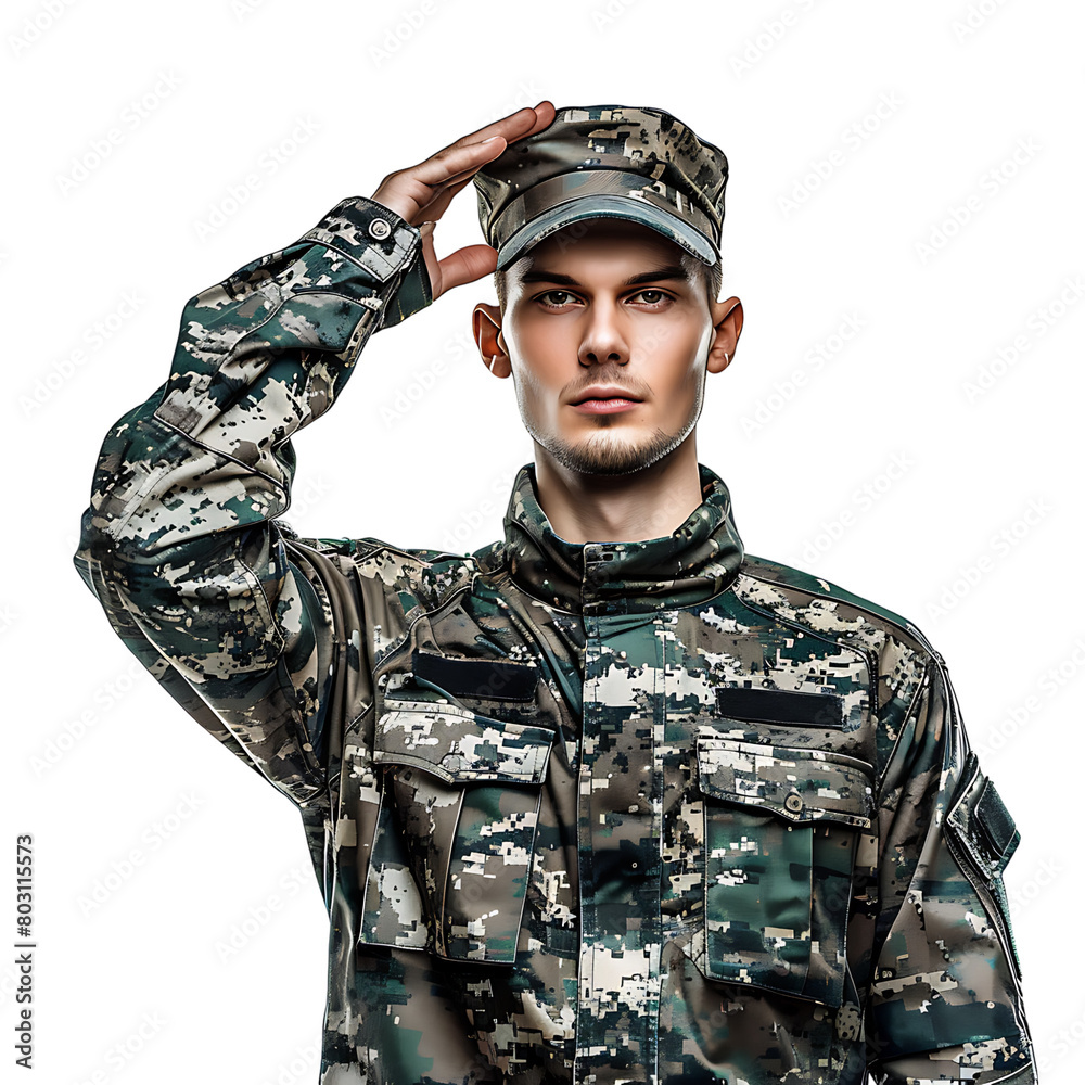 Portrait of male soldier in camouflage saluting on isolated transparent background Portrait of male soldier in camouflage saluting on isolated transparent background