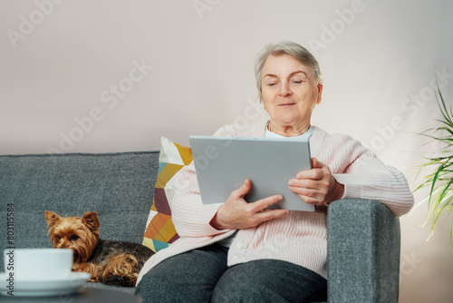 Caucasian old elderly senior woman sitting on sofa with dog pet and using tablet for surfing social media, e-banking, e-commerce, checking pension, reading news, chatting with family, watching video