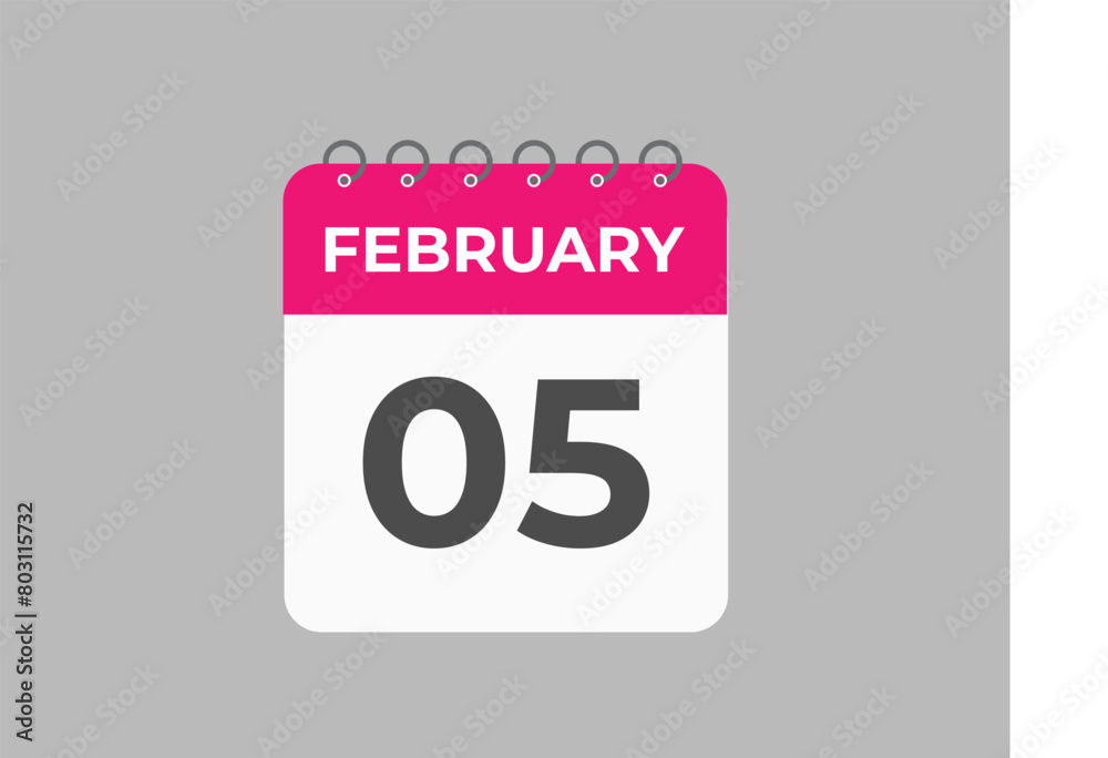 February 5 calendar reminder. 5 February daily calendar icon template. Calendar 5 February icon Design template. Vector illustration
February 5 calendar reminder. 5 February daily calendar icon template. Calendar 5 February icon Design template. Vector illustration