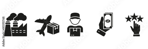 Distribution Industry Silhouette Icon Set. Business Supply Chain. Factory Production, Delivery, Payment, Rating Symbol Collection. Commercial Service Solid Sign. Isolated Vector Illustration