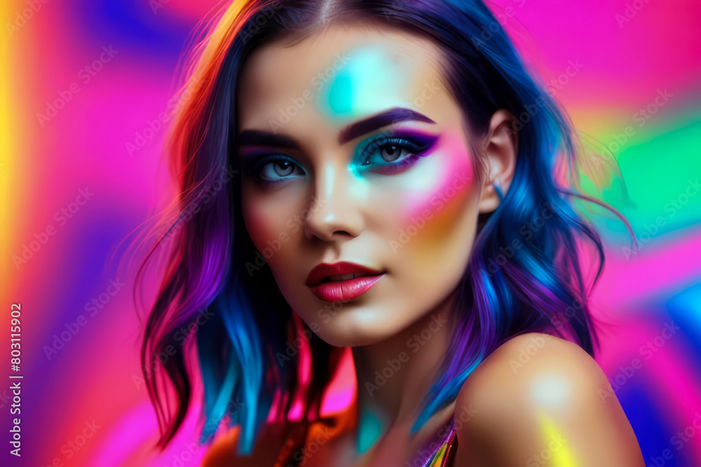 portrait of a woman with colorful makeup and background, commercial fashion cosmetic