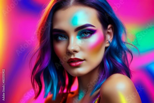 portrait of a woman with colorful makeup and background, commercial fashion cosmetic