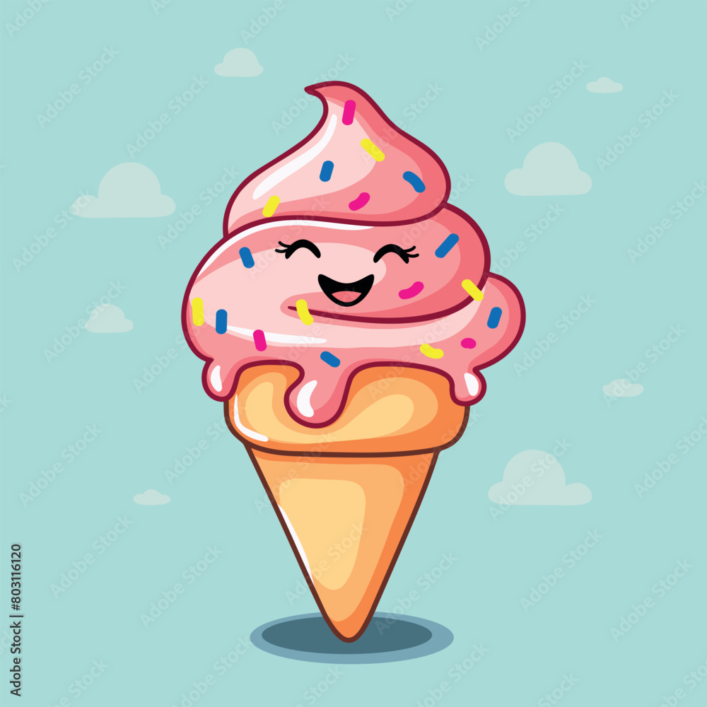 Kawaii cartoon doodle ice cream in waffle cone with face. Funny refreshment snack Kawaii cartoon doodle ice cream in waffle cone with face. Funny refreshment snack