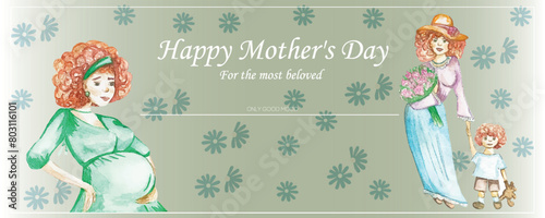  A Mother's Day greeting card featuring a mother and child, with a pregnant woman.