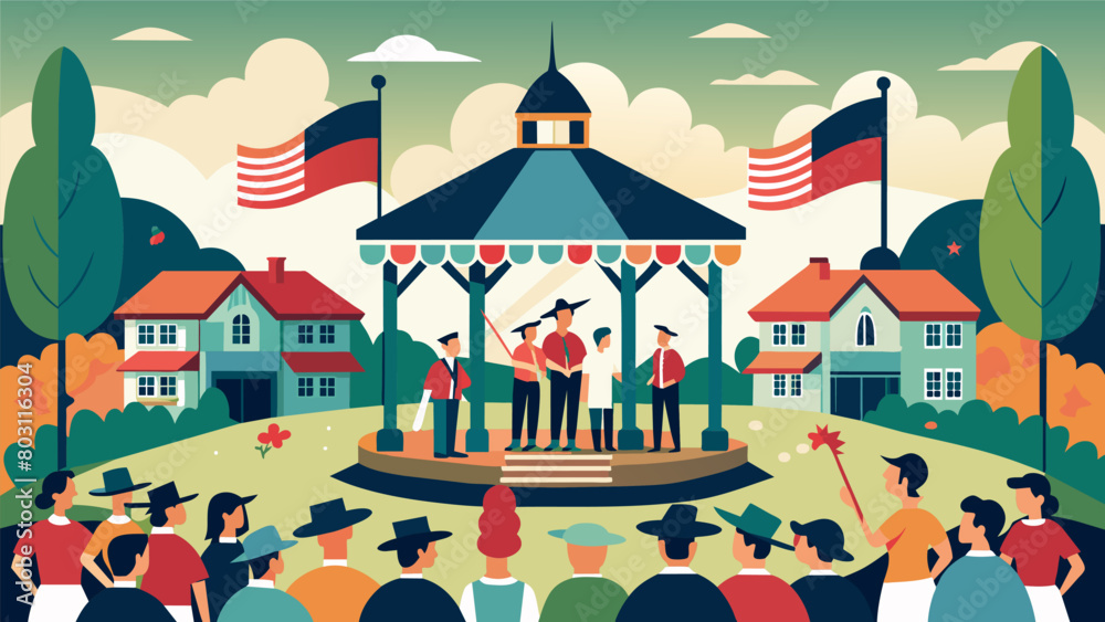 A crowd gathers around the towns gazebo as the fife and drum corps performs stirring up feelings of pride and patriotism.. Vector illustration A crowd gathers around the towns gazebo as the fife and drum corps performs stirring up feelings of pride and patriotism.. Vector illustration