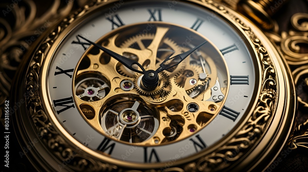 A close-up of a golden pocket watch with Roman numerals