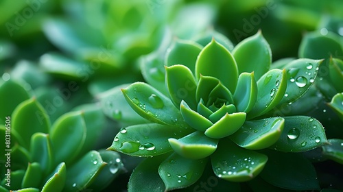 Green succulents shimmering with water droplets