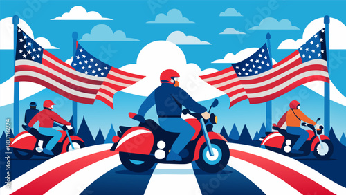 A group of motorcycles adorned with American flags and red white and blue streamers lead the way in a patriotic rally their riders proudly displaying. Vector illustration