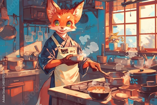 anime style illustration, fox chef is cooking
