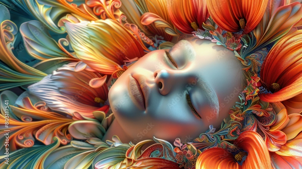 Exquisite Digital Painting of a Woman with Intricate Floral Hair Adornments in Colorful Hues
