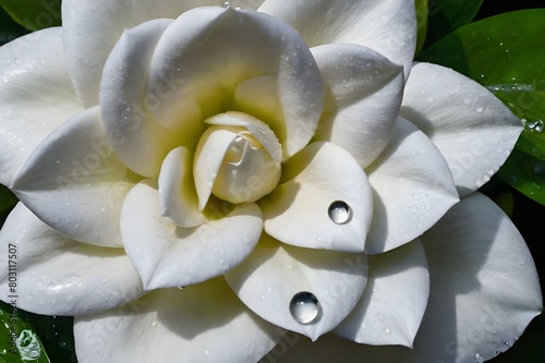 Close-up of a fresh white gardenia blossom.A huge white flower with petals covered with droplets of water.  © Baloch Arts