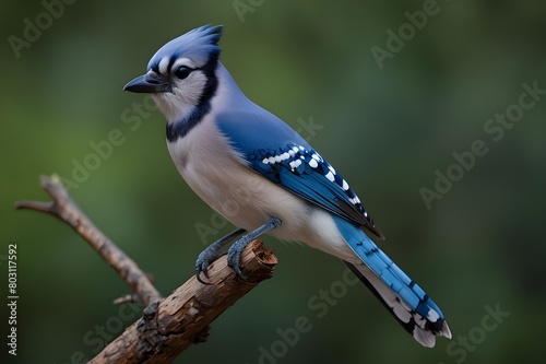 In a peaceful moment, a little blue bird rests gracefully on a tree branch. Beautiful blue jay features, captured mid-hop on a garden fence with flashing blue feathers   © Baloch Arts