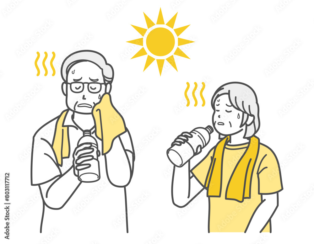 熱中症で水分補給するシニア夫婦のイラスト