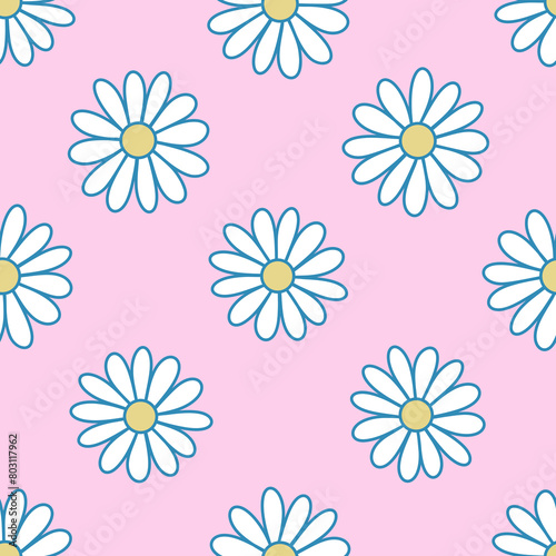 Chamomile seamless pattern. Hand drawn white daisies falling on pink background. Cute floral allover illustration. Simple flat flowers backdrop. Baby girl fashion 