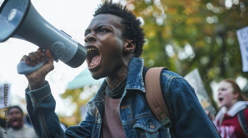 a young man passionately shouts through a megaphone amidst a protest, embodying the spirit of civil disobedience and unrest photo