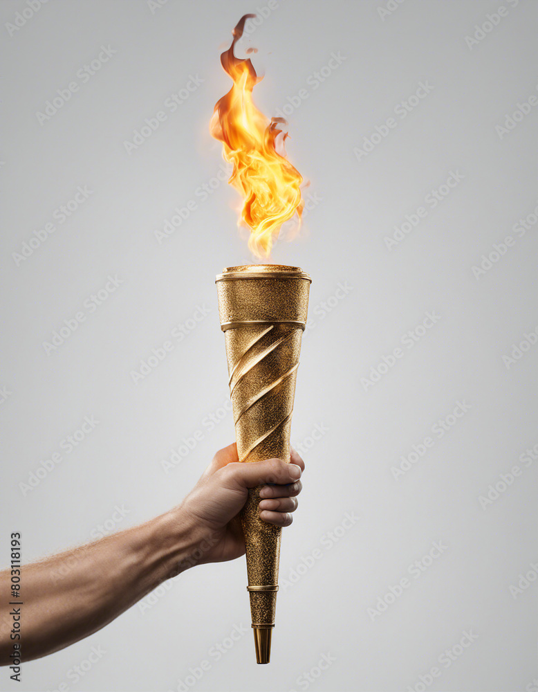 human hand holding the burning Olympic torch, isolated white background 
