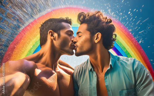 Giovane coppia gay innamorata su uno sfondo colorato photo