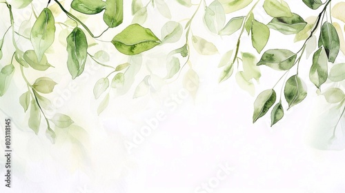Watercolor illustration tree green leaves on a white background from a bottom of page.  Fresh spring, gentle colors. photo