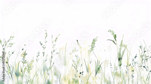 Spring green grass on a white copy space background. Watercolor illustration. Bottom border frame © Zarina