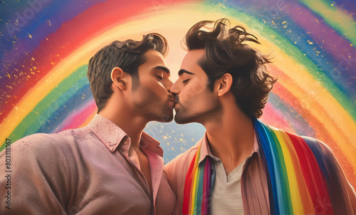 Giovane coppia gay innamorata su uno sfondo colorato photo