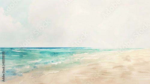 minimalistic  copy space  watercolor gentle sand beach on white background