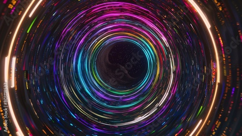 view from a side a spiral  light tunnel on a spacey pitch-black background photo