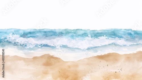 minimalistic, copy space, watercolor gentle sand beach on white background
