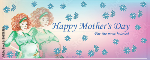  A Mother's Day greeting card featuring a mother and child, with a pregnant woman.