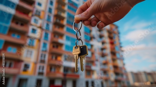 Close-up of a hand holding keys with a blurred apartment building in the background.