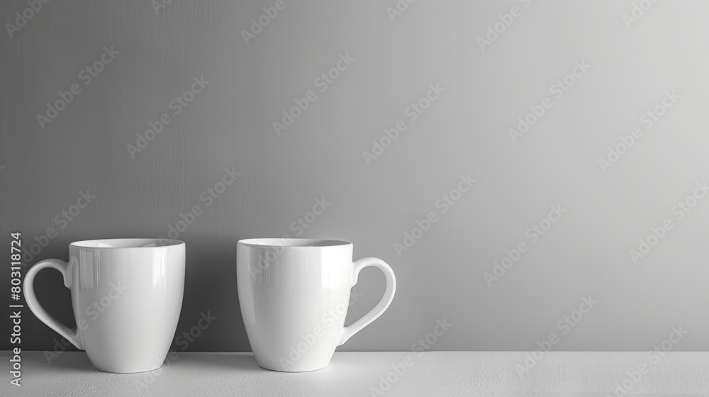 Minimalist design with two white mugs on a soft grey background for a clean and modern aesthetic