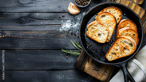 Frying pan of tasty banish with bread on black wooden table photo
