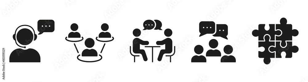 Obraz premium Work Conference Silhouette Icon Set. Corporate Meeting Symbol Collection. Management And Teamwork At Job Glyph Pictogram. Group Discussion Sign. Isolated Vector Illustration