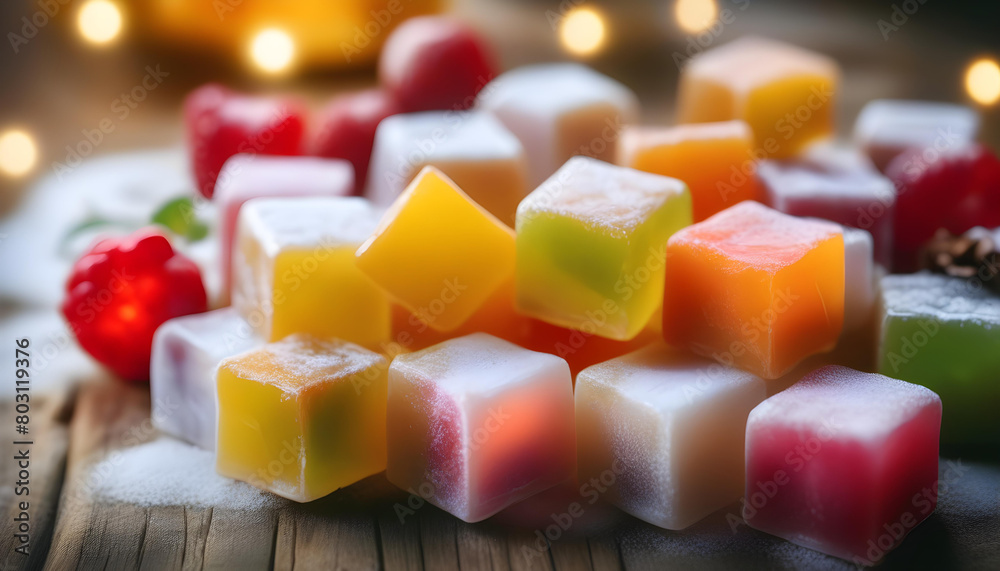 A Turkish Delight on a wooden background with soft lighting A Turkish Delight on a wooden background with soft lighting