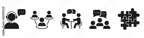 Work Conference Silhouette Icon Set. Corporate Meeting Symbol Collection. Management And Teamwork At Job Glyph Pictogram. Group Discussion Sign. Isolated Vector Illustration