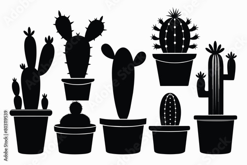 Set of black cactus silhouettes in pots vector on white background 