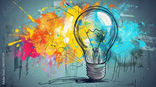 A light bulb with colorful splashes of paint. photo