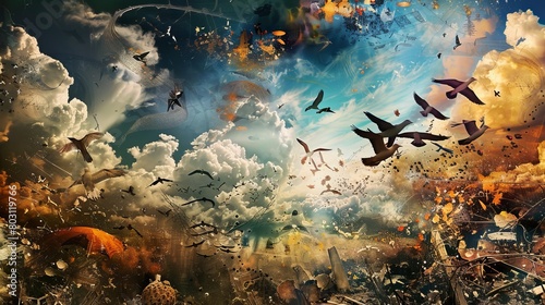 Stunning artwork portraying birds in flight amid a surreal shattered landscape during sunset