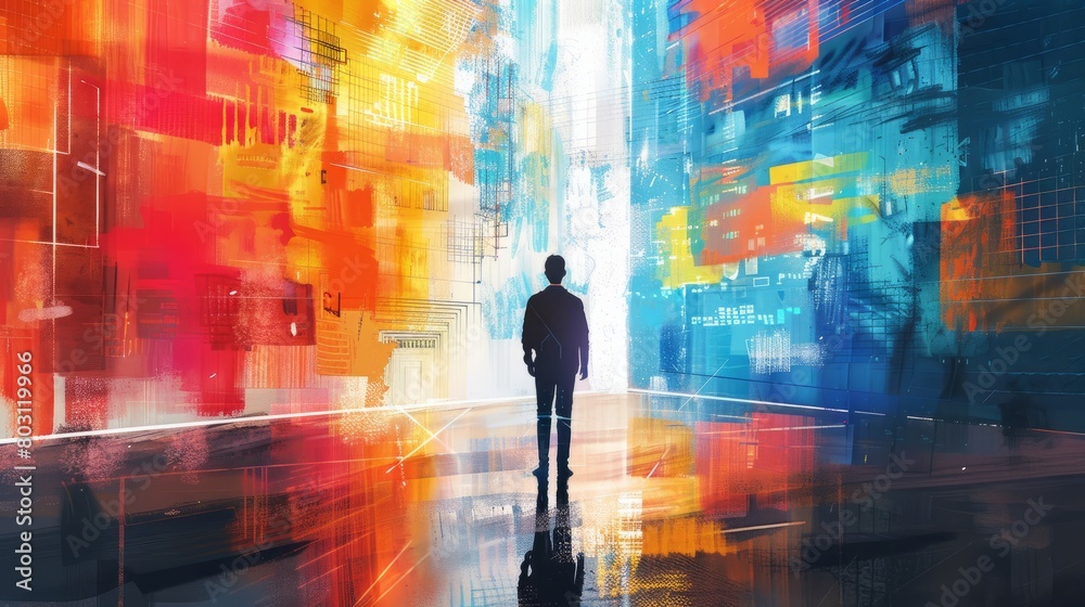 A man standing in a colorful city. A man standing in a colorful city.
